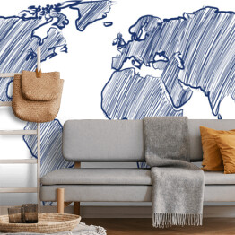 Fototapeta samoprzylepna Mapa świata rysowana niebieskimi kreskami