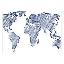 Plakat Mapa świata rysowana niebieskimi kreskami
