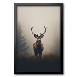 Obraz w ramie Jeleń na tle lasu we mgle