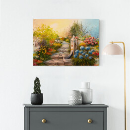Obraz na płótnie Obraz olejny - niebo w pastelowych barwach nad kamiennymi schodami w lesie
