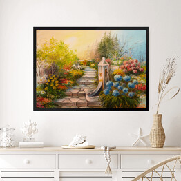 Obraz w ramie Obraz olejny - niebo w pastelowych barwach nad kamiennymi schodami w lesie