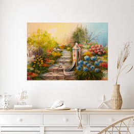 Plakat Obraz olejny - niebo w pastelowych barwach nad kamiennymi schodami w lesie