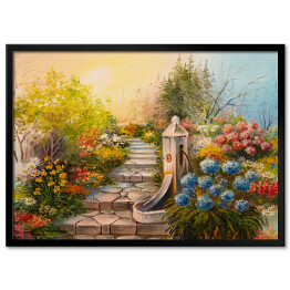Plakat w ramie Obraz olejny - niebo w pastelowych barwach nad kamiennymi schodami w lesie