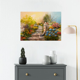 Plakat samoprzylepny Obraz olejny - niebo w pastelowych barwach nad kamiennymi schodami w lesie