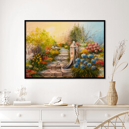 Plakat w ramie Obraz olejny - niebo w pastelowych barwach nad kamiennymi schodami w lesie
