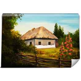 Fototapeta samoprzylepna Obraz olejny - wiejski dom wśród drzew