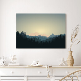 Obraz na płótnie Ciemny las na tle gór w trakcie wschodu słonca