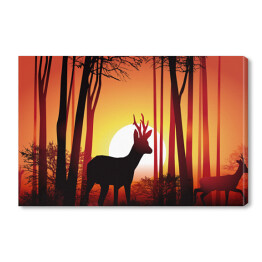 Obraz na płótnie Jeleń w lesie na tle złocistego zachodu słońca
