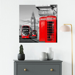 Plakat samoprzylepny Londyn z czerwonymi autobusami przy Big Benie w Anglii, UK