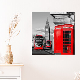 Plakat samoprzylepny Londyn z czerwonymi autobusami przy Big Benie w Anglii, UK