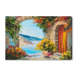 Obraz na płótnie Obraz olejny - dom blisko morza ozdobiony kolorowymi kwiatami