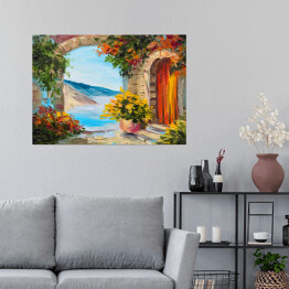 Plakat Obraz olejny - dom blisko morza ozdobiony kolorowymi kwiatami