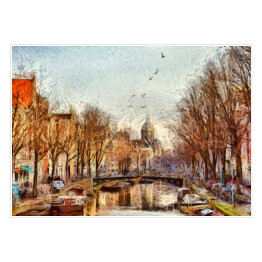 Plakat samoprzylepny Kanał Amsterdamski - impresjonistyczna ilustracja