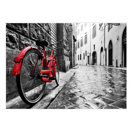 Plakat samoprzylepny Retro czerwony rower na chodniku w starym miasteczku