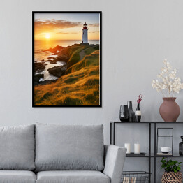 Plakat w ramie Zachód słońca nad morzem Krajobraz z latarnią morską