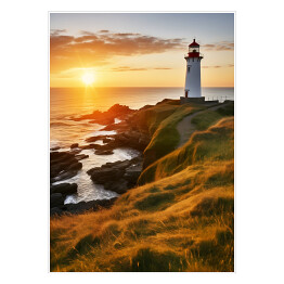 Plakat samoprzylepny Zachód słońca nad morzem Krajobraz z latarnią morską
