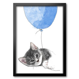 Obraz w ramie Rysunek kota wpatrzonego w niebieski balon