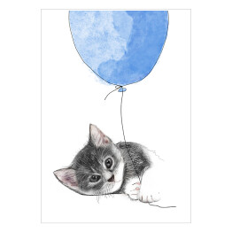 Plakat samoprzylepny Rysunek kota wpatrzonego w niebieski balon