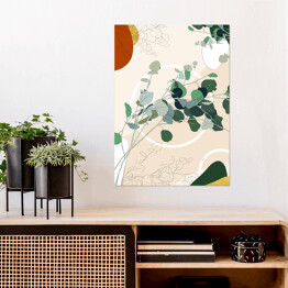 Plakat samoprzylepny Kolekcja #inspiredspace - rośliny - eukaliptus na beżowym tle z białymi okręgami
