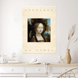Plakat Leonardo da Vinci "Portret Ginevry Benci" - reprodukcja z napisem. Plakat z passe partout