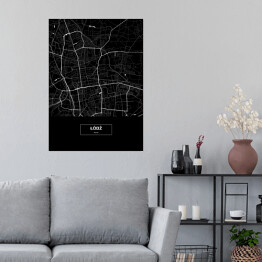 Plakat samoprzylepny Mapa Łodzi czarno biała z podpisem na czarnym tle