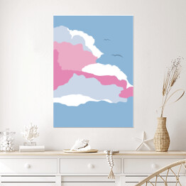 Plakat Ilustracja - ptaki lecące nad pastelowymi chmurami