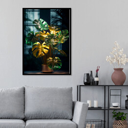 Plakat w ramie Monstera. Nowoczesna kompozycja z liści w kolorze butelkowej zieleni i złocie