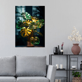 Plakat samoprzylepny Monstera. Nowoczesna kompozycja z liści w kolorze butelkowej zieleni i złocie