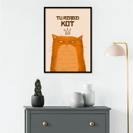 Plakat w ramie "Tu rządzi kot" - ilustracja z rudym kotem