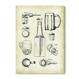 Obraz na płótnie Piwo. Kufel, kapsel, butelka w sepii. Retro plakat patentowy dla piwosza