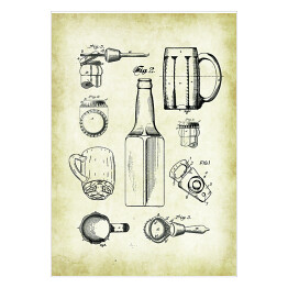 Plakat samoprzylepny Piwo. Kufel, kapsel, butelka w sepii. Retro plakat patentowy dla piwosza