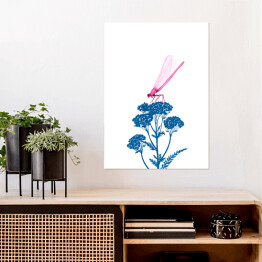 Plakat samoprzylepny Różowa ważka na niebieskiej roślinie
