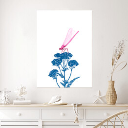 Plakat Różowa ważka na niebieskiej roślinie