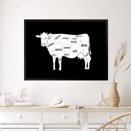 Obraz w ramie Krowa - schemat części czarno-biały