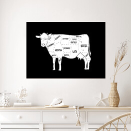 Plakat samoprzylepny Krowa - schemat części czarno-biały