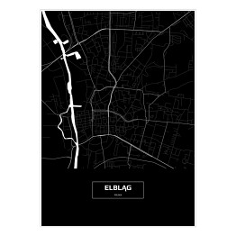 Plakat Mapa Elbląga czarno-biała z napisem na czarnym tle