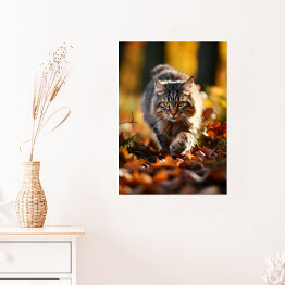 Plakat samoprzylepny Długowłosy kot skradający się po jesiennych liściach