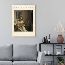 Obraz na płótnie Jan Vermeer "Młoda dziewczyna grająca na gitarze" - reprodukcja z napisem. Plakat z passe partout