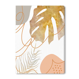 Obraz na płótnie Abstrakcja i liście - monstera w złotym i beżowym kolorze