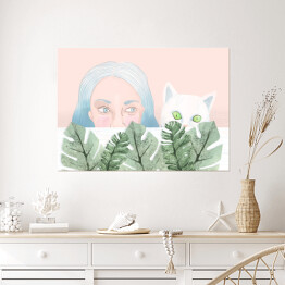 Plakat samoprzylepny Kobieta i kot wyglądający zza liści