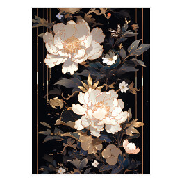 Plakat Czarno złota kompozycja z jasnymi kwiatami