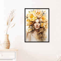Plakat w ramie Portret kobieta z kwiatami we włosach