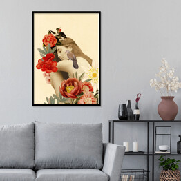 Plakat w ramie Kobieta z kwiatami i ptakiem na ramieniu