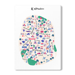 Obraz na płótnie Kolorowa mapa Katowic z symbolami