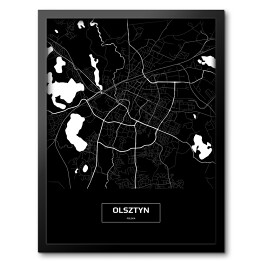 Obraz w ramie Mapa Olsztyna czarno-biała z napisem na czarnym tle
