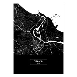 Plakat samoprzylepny Mapa Gdańska czarno-biała z napisem na czarnym tle