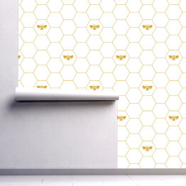 Tapeta w rolce Żółte plastry miodu i pszczoły na białym tle