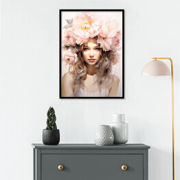 Plakat w ramie Portret kobiety. Różowe kwiaty we włosach
