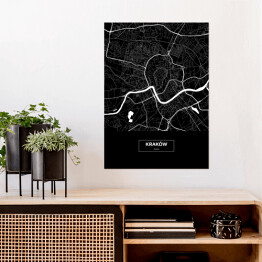 Plakat samoprzylepny Mapa Krakowa czarno-biała z podpisem na czarnym tle
