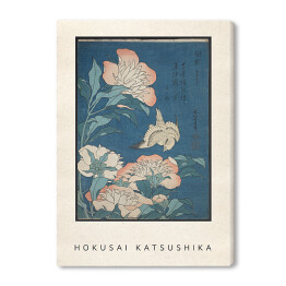Obraz na płótnie Hokusai Katsushika "Peonies and Canary" - reprodukcja z napisem. Plakat z passe partout
